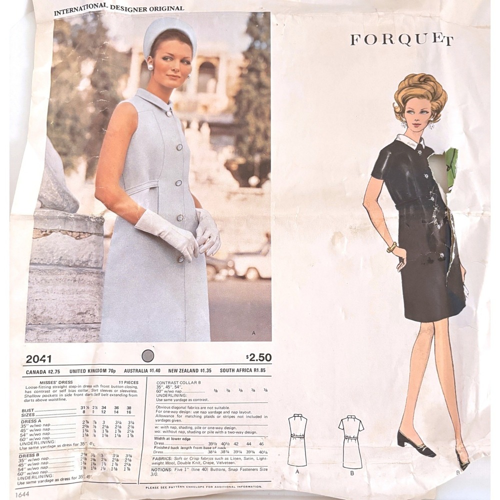 Vogue 2041 Couture Forquet 60s Mod Shift Dress Sz 10 Catalog Pg Designer Uncut